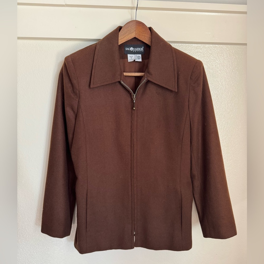 Sag Harbor Petite 100% Pure New Wool Zip-Up Jacket Brown 4 Vintage Minimalist